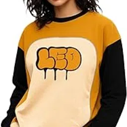 Full Sleeve Cottonblend Oversized Tshirt for Women, Round Neck Longline Printed Drop Shoulder Colourblocked Baggie Tops for Women (Color: Mustard)-image-4
