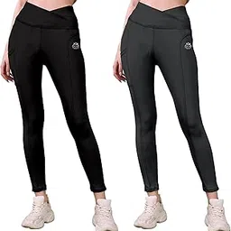 kp designer V Style Waistband Gym Pant High-Rise Combo Track Pant Polyester Blend Activewear Leggings |Stratchble Workout Tights Pack of 2-picture-51