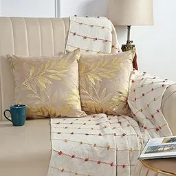 AEROHAVEN Rose Set Of 2 Gold Leaf Printed Hand Made Velvet Throw/Pillow Cushion Covers - Cc-227 - (16 X 16 Inch, Cream), 300 TC image 1