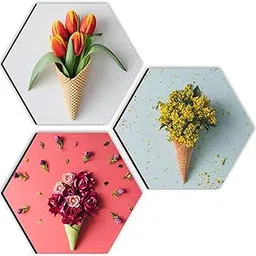 SAF paintings Preety Flower and Leaf in Cone Pot 3 Pieces UV Textured Multi-Effect Self adheshive Painting 17 Inch X 17 Inch (color5)-image-6