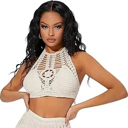 fabme Women's Crochet Halter Neck Padded Bikini Backless Lace Up Beachwear Bralette Crop Top/Bra-picture-40