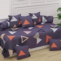 BLACK SPADE Diwan Set Covers 8 Pieces Heavy Glace Cotton Designer Printed Standard Diwan Set (1 Single Bedsheet, 2 Bolster Covers and 5 Cushion Covers) (Purple Triangle)-image-59