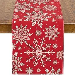Christmas Table Runner, Red Winter Snowflake Print Xmas Table Runner for 4-6 Seater,Winter Christmas Xmas Holiday Table Decor for Kitchen Dining,183*33cm, 72*13 in-picture-31