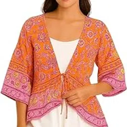Boho Floral Print Tie-Front Top, Orange and Pink, 3/4 Bell Sleeves, Summer Beach Cover Up-picture-53