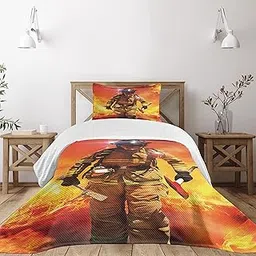 Lunarable Service Bedspread, Man in a Building on Searching for Survivors Emergency Services Illustration, Decorative Quilted 2 Piece Coverlet Set with Pillow Sham, Twin Size, Red Orange-picture-19
