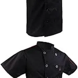 2Pcs Mens Chef Jacket Coat Short Sleeve Catering Uniform with Pocket Black-picture-18
