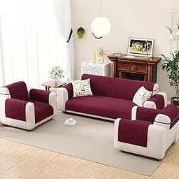 Lukzer 5 Seater Red Raspberry Quilted Velvet Sofa Mat | 200 GSM Soft Washable & Removable Couch Protector | Anti-Slip Elastic Strap Cover for Living Room Pet & Spill Protector (3+1+1 Seater/SC-198-05)-image-17