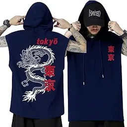 jump cuts ||Printed Hooded Tshirt||Sleeveless Tshirts for Men||Cottonblend Regular fit T-Shirt||Sleeveless Hooded Tshirt for Men-picture-34