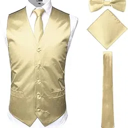 zeroyaa Men's Solid 4pc Shiny Satin Vest Necktie Bowtie Pocket Square Set for Suit or Tuxedo-picture-21