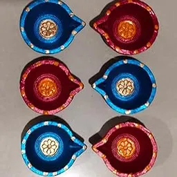 Exclusive Hand Painted Decorative Diyas for Diwali, Karthik Poornima, Chhath Puja, Festivals (Small Size Set of 6) (Metallic_Blue_Red_Mix, Small)-picture-20