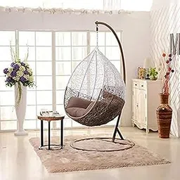 Single Seater Swing Chair with Stand & Cushion Outdoor Indoor Balcony Garden Patio,Powder Coated Frame,UV Protected Wicker,Cushion (Swing-White/Cushion-Brown)-picture-18