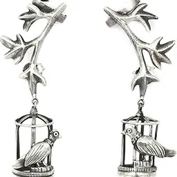 925 Sterling Silver Clip on Earring, Qurbat Uncaged Bird Earring, Well Stamped with 92.5,Statement Earclip, Oxidized Silver Ear Cuff With Jhumka, Gift for Her-image-15