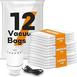 VMstr Polyethylene 12 Combo Travel Vacuum Storage Bags with Electric Pump, Vacuum Sealed Bags for Clothes and Clothing, Space Saver and Luggage Packing Compression Bags, White-picture-23
