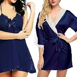 Women's Satin Solid Knee Length Babydoll Lingerie Set with G-String Panty II Special Beautiful Combo II Pack of 2-picture-28