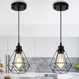Online Generation Black Pendant Light Fixtures 2 Pack Industrial Pendant Light Fixture Metal Cage Lights Farmhouse Pendant Lighting for Kitchen Island Dining Room Pendant Hanging lamp Pack 2-image-14