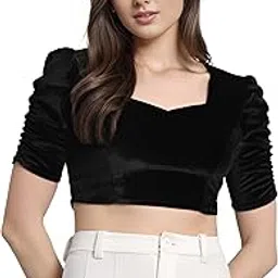 shrey fashion hub Modern Velvet Blouse – Square Neck Puff Sleeve Crop Top for Womens (Black, 32)-picture-23