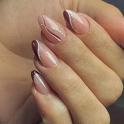 Set Of 14Pc, Press-On Short Almond Glossy Nude & Brown With Silver Glitter French Layers Design, Nail Extensions With Free Glue Kit image 1