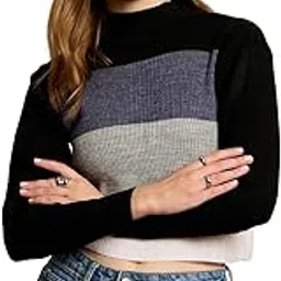 berrylush Women Colourblocked High-Neck Drop-Shoulder Sleeves Acrylic Straight Hem Knitted Crop Sweater-picture-47