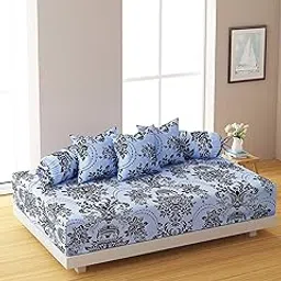 Swayam Diwan Set Cotton 6 Piece Diwan Printed Bedsheet Set for Living Room Hall (Set of 6 Piece, 1 Diwan Sheet | 2-Bolster Cover| 3 Cushion Covers) Soft Feel,Blue Black-picture-10