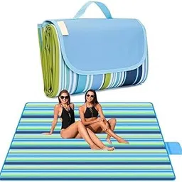 Beach Blanket, Outdoor Picnic Mat, 80"x60" Extra Large, Waterproof, Sand Proof, Camping Blanket, Lightweight,Folding Portable Travel Blanket for Family Park Beach Grass (Blue Stripe)-image-79