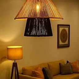 AMC Rattan Cane Rattan Wicker Paper Rafiah Lamp Premium Ceiling Light/Pendant Light Handwoven - 1 Piece (14 D x 14" H) (Beige & Black) (Bulb not Included)-image-0