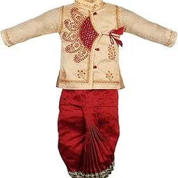 keshuyoka Baby Boy's Silk Cotton Blend Dhoti Kurta Pyjama Dress (Golden,Maroon)-picture-52