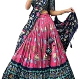 Multicolour Women's Tussar Silk With Ikkat Print And Foil Print Lehenga cholii Set-picture-47