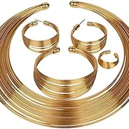 Gifts Stylish Latest Gold Plated Combo of Choker Jwell Necklace Jewellery Set with Earrings, Bracelet and Ring for Girls and Women (Golden) (YBNK_5773)-image-92