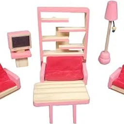 Shy Shy Pink Wooden Miniature Living Room Set - Dollhouse Furniture with Sofa-Chairs, Table, TV, Shelf & Lamp | Perfect for Kids' Imaginative Play and Creative Decoration image 1