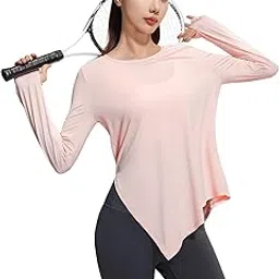 Women's Long Sleeve Yoga Top with UPF 50 Sun Protection | Quick-Dry Shirt with Thumbholes & Asymmetrical Knotted Hem |Running, Dance, Exercise-image-10