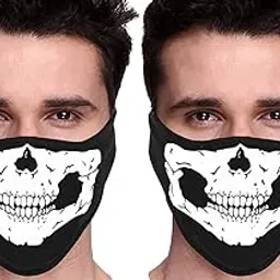 PrimeBox Men Pro Cotton Fabric Bike Riding Washable Reusable Dust Protection Cover Face Mask for Men Women Balaclava Neck Gaiter Pack of 2pcs mask (Mask-Ninja-Skull-White-2pcs) Black-picture-30