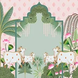Talambralu Peach Colour Palace 4Cow with Banana Tree mandapam Background Backdrop Cloth for Pooja Decoration Traditional Background Curtain Cloth for Festival 8 FtHeight and 8 Ft Width- Satin Fabric-picture-35