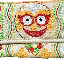 KRISHNAV Creation Handcrafted Embroidered Wallet, Cream with Colorful Folk Art Design, Traditional Geometric Pattern, Magnetic Snap Closure-picture-11