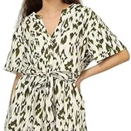 Women’s Cotton Romper Dress – White & Green Floral Print, Half Sleeve V-Neck, Lightweight & Breathable Summer Wear, Stylish & Comfortable (Pack of 1, Size S to XL)-image-1