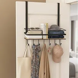 Amazon Brand - Umi Over Door Metal Storage Rack with Wooden Shelf & Hooks 40cm | Hanging Organizer Shelf for Bathroom, Wardrobe, Bedroom & Entryway | Space Saving Wall Shelf with 5 Hooks (Black)-image-44