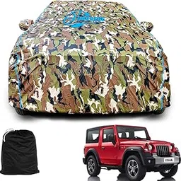 GARREGE® Waterproof Car Body Cover Compatible for Mahindra Thar with Mirror Pocket and Antenna Pocket, Triple Stitched (Dynamite Jungle Print with Blue Piping Design)-picture-17