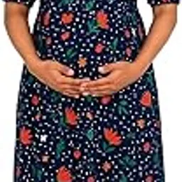 Maternity Maxi Dress, Navy Blue Floral Print, Short Sleeve, Cotton, Empire Waist, Ankle Length, Maternity Feeding Dress-picture-20