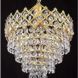Prop It Up 25 Watts LED Crystals, Round Shaped Gold Finished Pendant/Hanging Chandelier Celling Light with as Four/K-9 Crystals, Bulb not Included (Gold, Small )-image-81