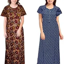 AALIT Nighty for Women Cotton Printed Maxi Gown Ankle Length Nighty Night Dress Gown for Women Maxi - Free Size (Pack of 2) (Free Size, Blue&Brown)-picture-24