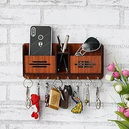 EXPRO Wooden Wall Mounted Key Holder with Mobile Charging Stand and Pen Holder | Wall Key Holder With 8 Key Hooks | Multipurpose Keychain Holders for Home & Ofiice, 30 x 20 cm-picture-20