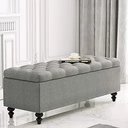 Wood Maker Wooden Large Upholstered Tufted Storage Bench/Ottoman Pouffe Footstool Bed End Table Settee Sofa Bench with Storage [L50xD18xH18, Grey]-image-16
