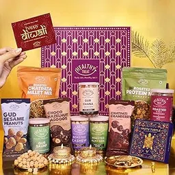 Healthy Treat Diwali Magic Gift Hamper | Premium Festive Gift Box with Healthy Roasted Snacks, Dry Fruits & Sweets | Luxury Diwali Hamper with Vastu Turtle, Diyas & Greeting Card for Corporate & Family Gifting-image-65