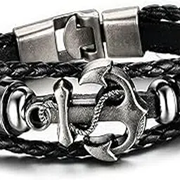 vientiq Adjustable Silver Anchor Charm Leather Bracelet for Men & Women-picture-38