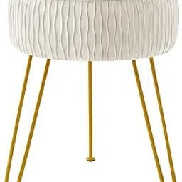 Craft Capital Velvet Soft Modern Vanity Stools -Pleated Round Footrest Stool Ottoman Side Table Seat Dressing with Golden Metal Leg,Upholstered Foot Rest, for Living Room, Bedroom (Pleated Beige)-picture-42