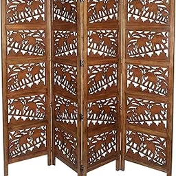 Handcrafted Traditional Mango Wood Burnt Polish Room Divider with Elephant Design Partition Screen Home Decor 5 Panel (80x72 Inches)-picture-65