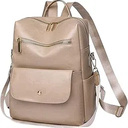 Women Backpack Girls Shoulder Bag Rucksack Multi Pocket Pu Leather Handbag Beige | Womens Handbags & Bags-image-4