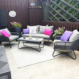 IIOF 4 Seater Sofa Outdoor Conversation Patio Garden Rope Furniture Set with Cushion and Center Table for Garden, Balcony, Poolside (Grey Color)-image-2
