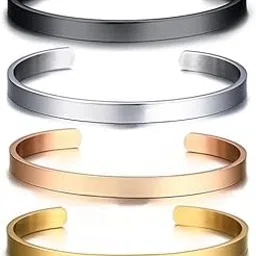 Classic Unisex Stainless Steel Cuff Bracelets, Set of 4, Black Silver Rose Gold Gold Finish, Minimalist Bangles-image-4