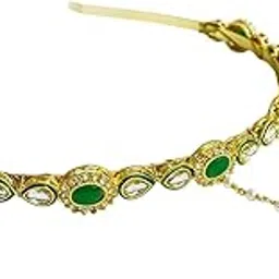 MANBHAR SONS AND JEWELLERS - Kundan mathapatti Hair Band With Attached Mang Tika for Women and Girls | Tiara Head Piece Sheeshphool Matha patti Fusion Ethnic Hair Accessory for Festive Season Weddings Shaadi Green Colour Head band-picture-31