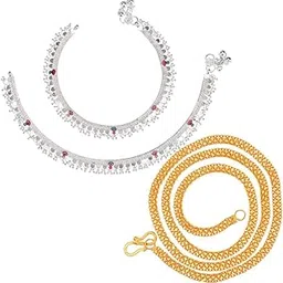 aanyacentric Latest Silver Plated Anklets & 22 inches Gold Plated Chain - Stylish Women and Girls Accessories-picture-52